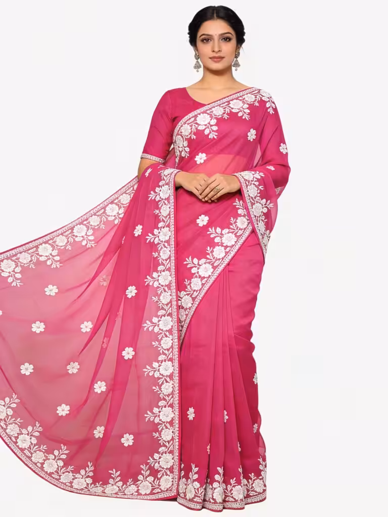 Fuchsia Pink Organza Silk Saree with White Embroidered Floral Detailing - Featured