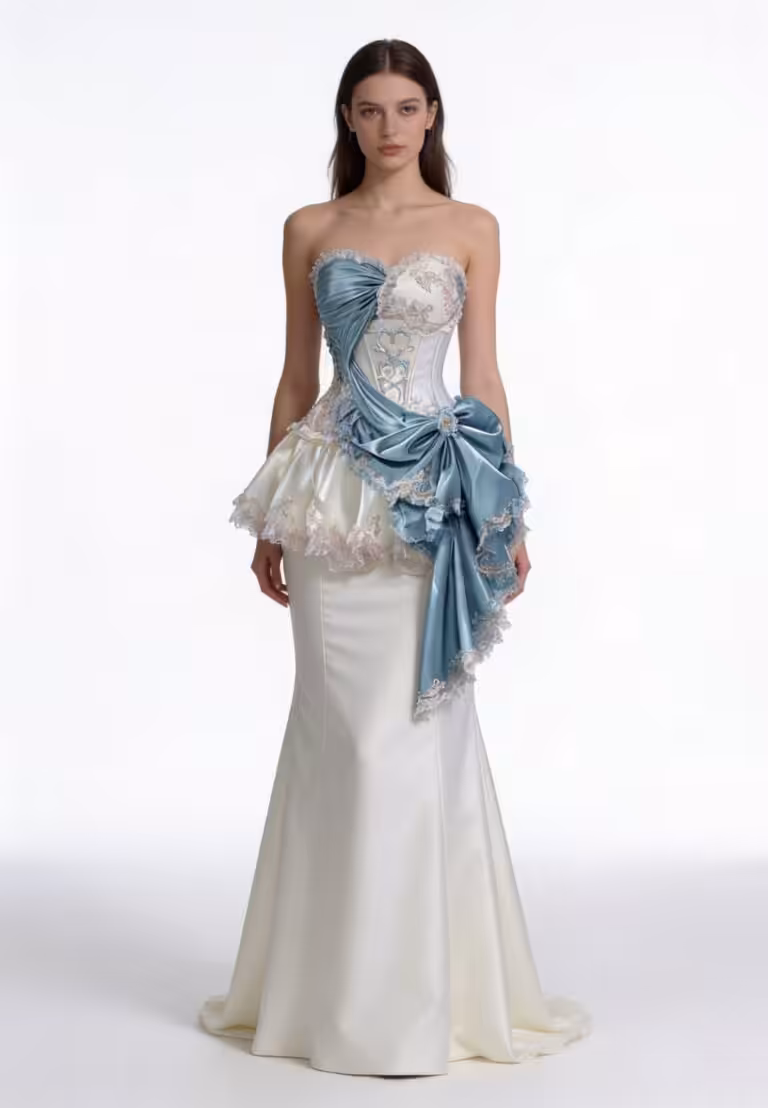 Ivory Azure Sculpted Corset Dress in Georgette with Embroidered Detailing - Featured
