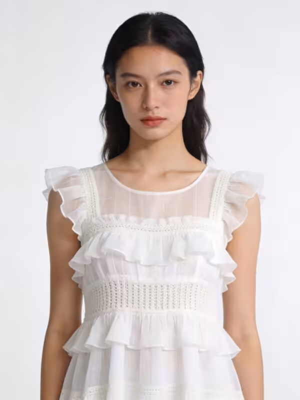 Ruffled White Semi Sheer Cotton Dress with Knitted Detailing - Featured