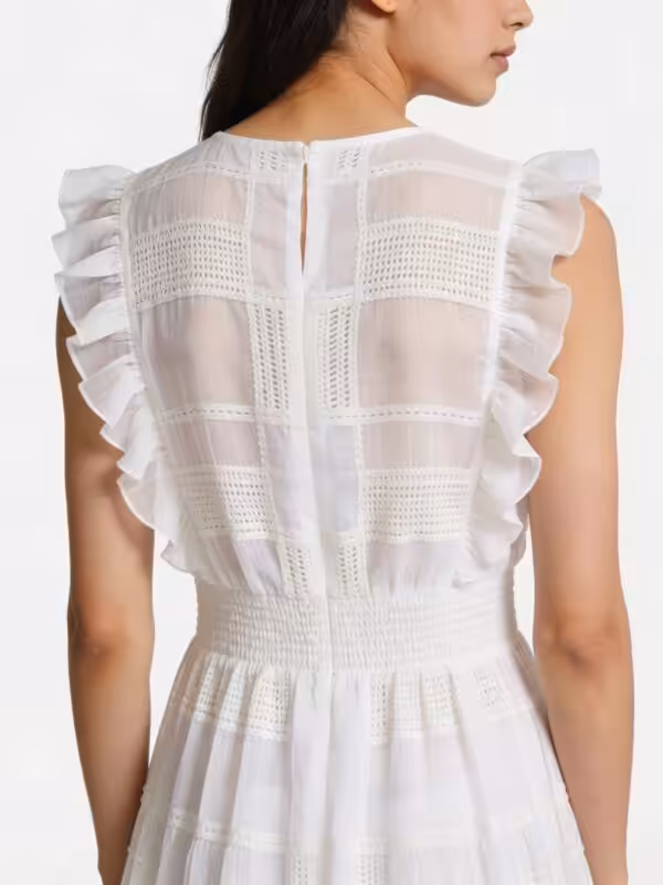 Ruffled White Semi Sheer Cotton Dress with Knitted Detailing - View 2