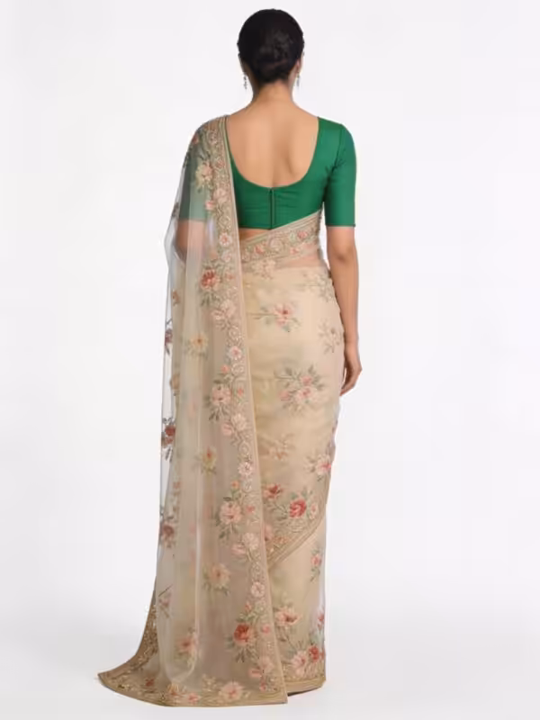 Handcrafted Floral Printed Organza Saree with Green Blouse - View 2