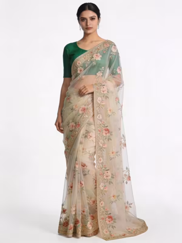 Handcrafted Floral Printed Organza Saree with Green Blouse - Featured