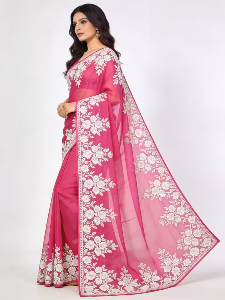 Fuchsia Pink Organza Silk Saree with White Embroidered Floral Detailing - View 3