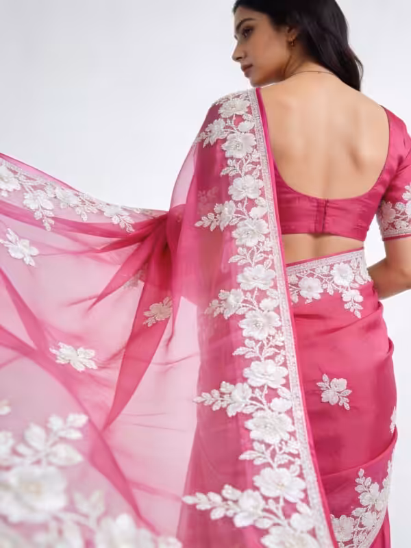 Fuchsia Pink Organza Silk Saree with White Embroidered Floral Detailing - View 2