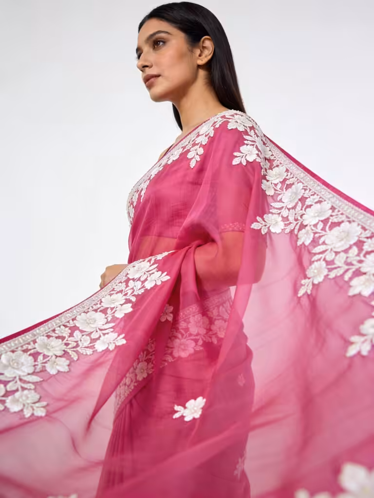 Fuchsia Pink Organza Silk Saree with White Embroidered Floral Detailing - View 4