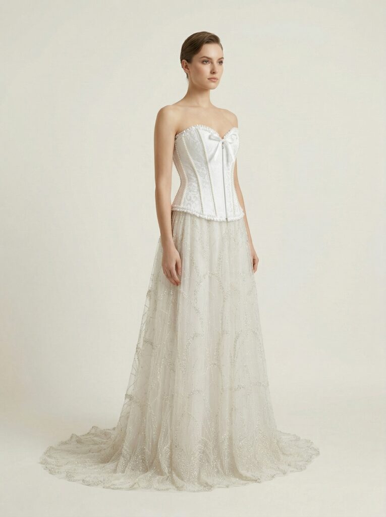 Pearl Detailing Corset Ball Gown with Hand Embroidered Net - View 5