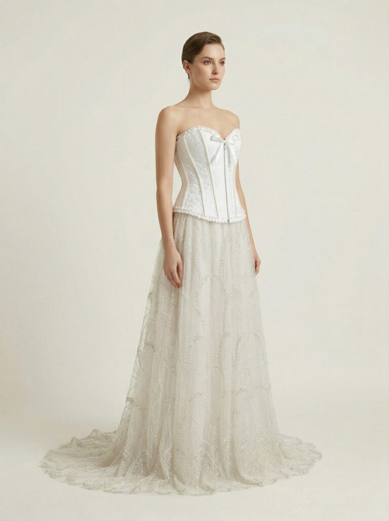 Pearl Detailing Corset Ball Gown with Hand Embroidered Net - View 5