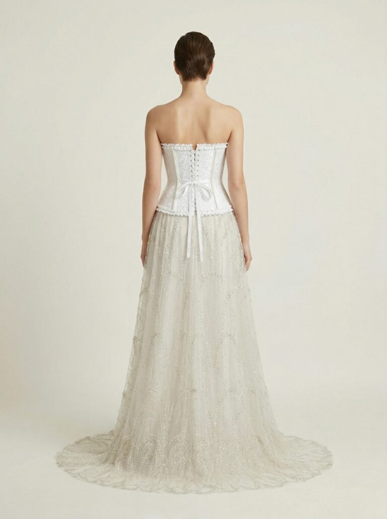Pearl Detailing Corset Ball Gown with Hand Embroidered Net - View 2