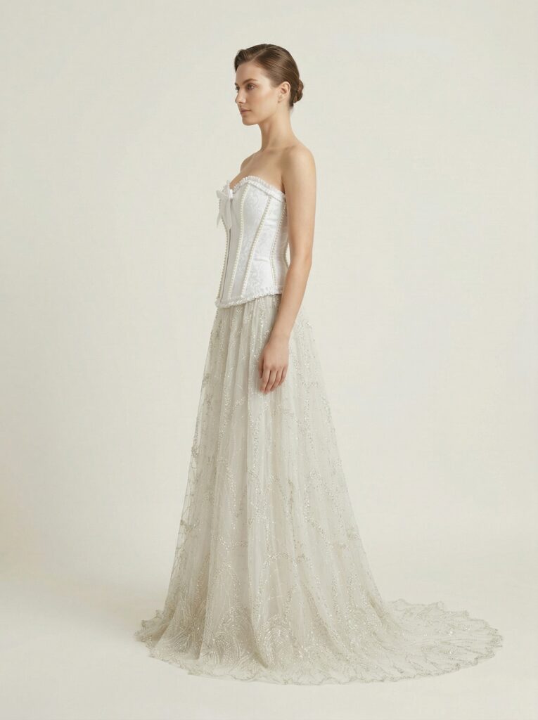 Pearl Detailing Corset Ball Gown with Hand Embroidered Net - View 3