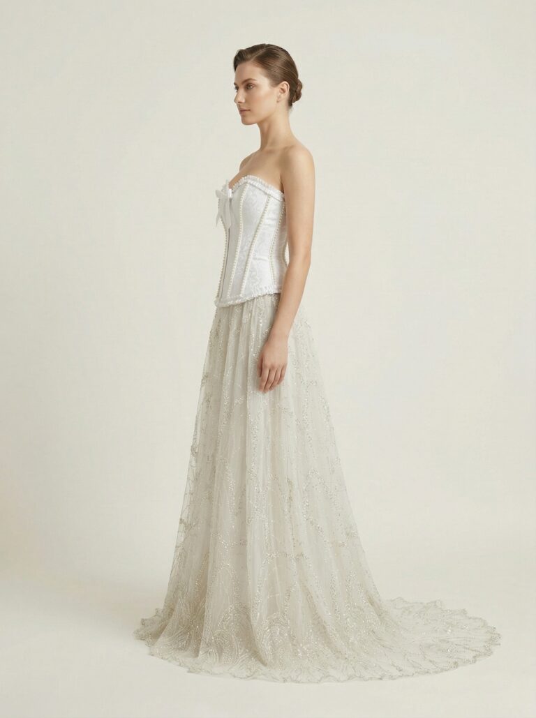 Pearl Detailing Corset Ball Gown with Hand Embroidered Net - View 3