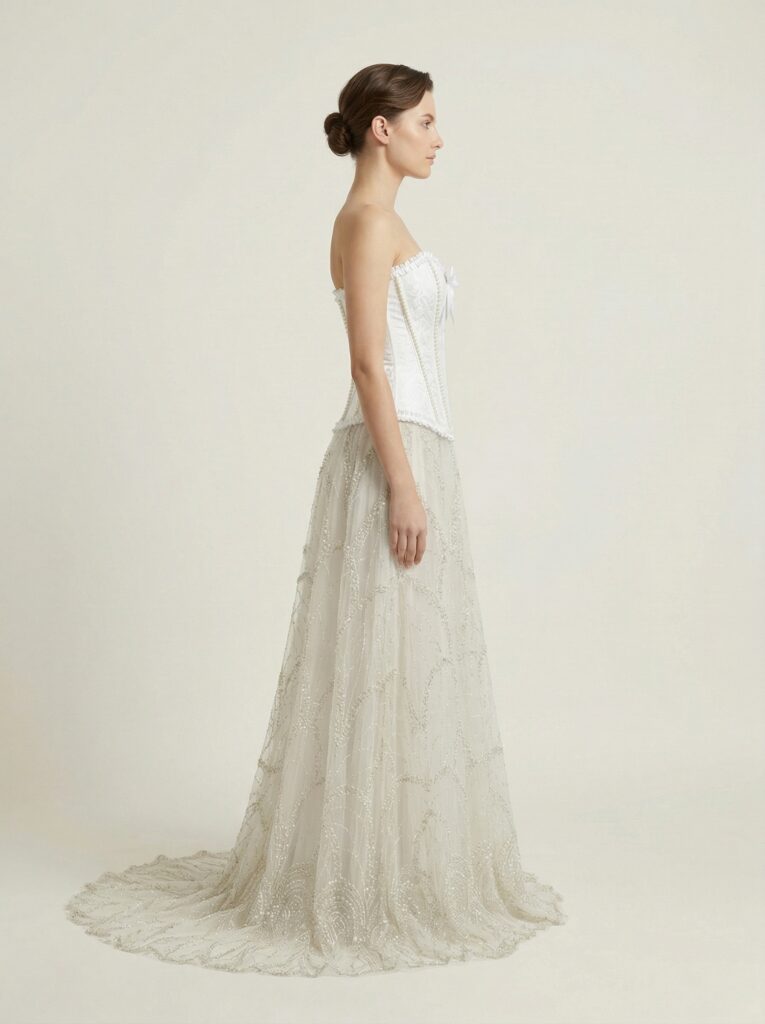 Pearl Detailing Corset Ball Gown with Hand Embroidered Net - View 4