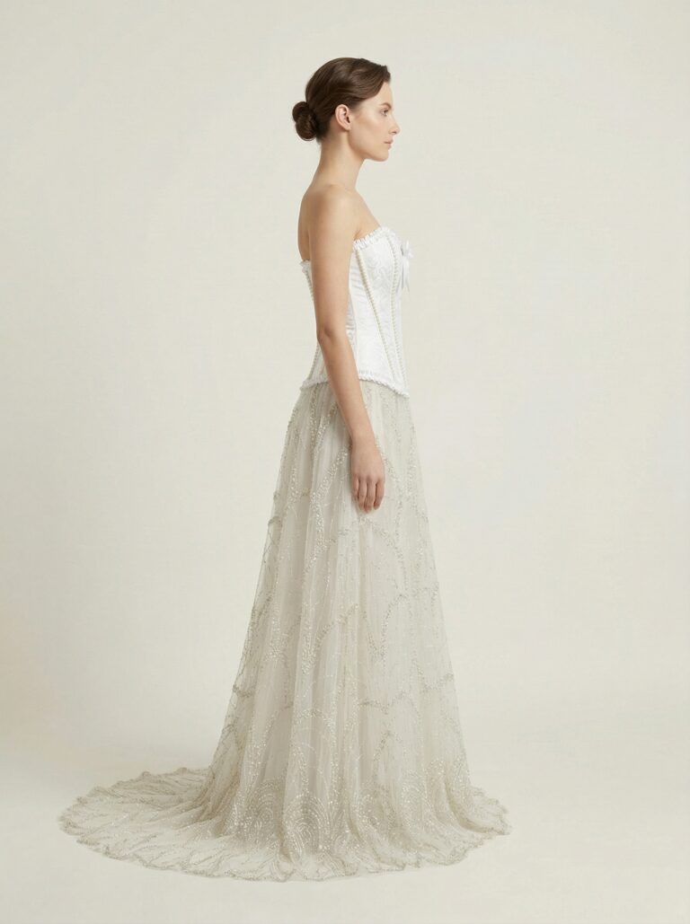 Pearl Detailing Corset Ball Gown with Hand Embroidered Net - View 4